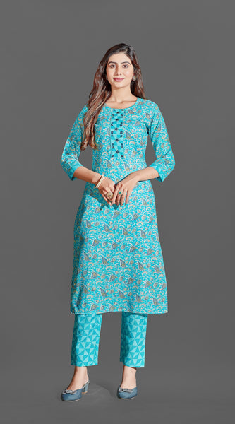 Cotton Blend Ferozi Kurta Set