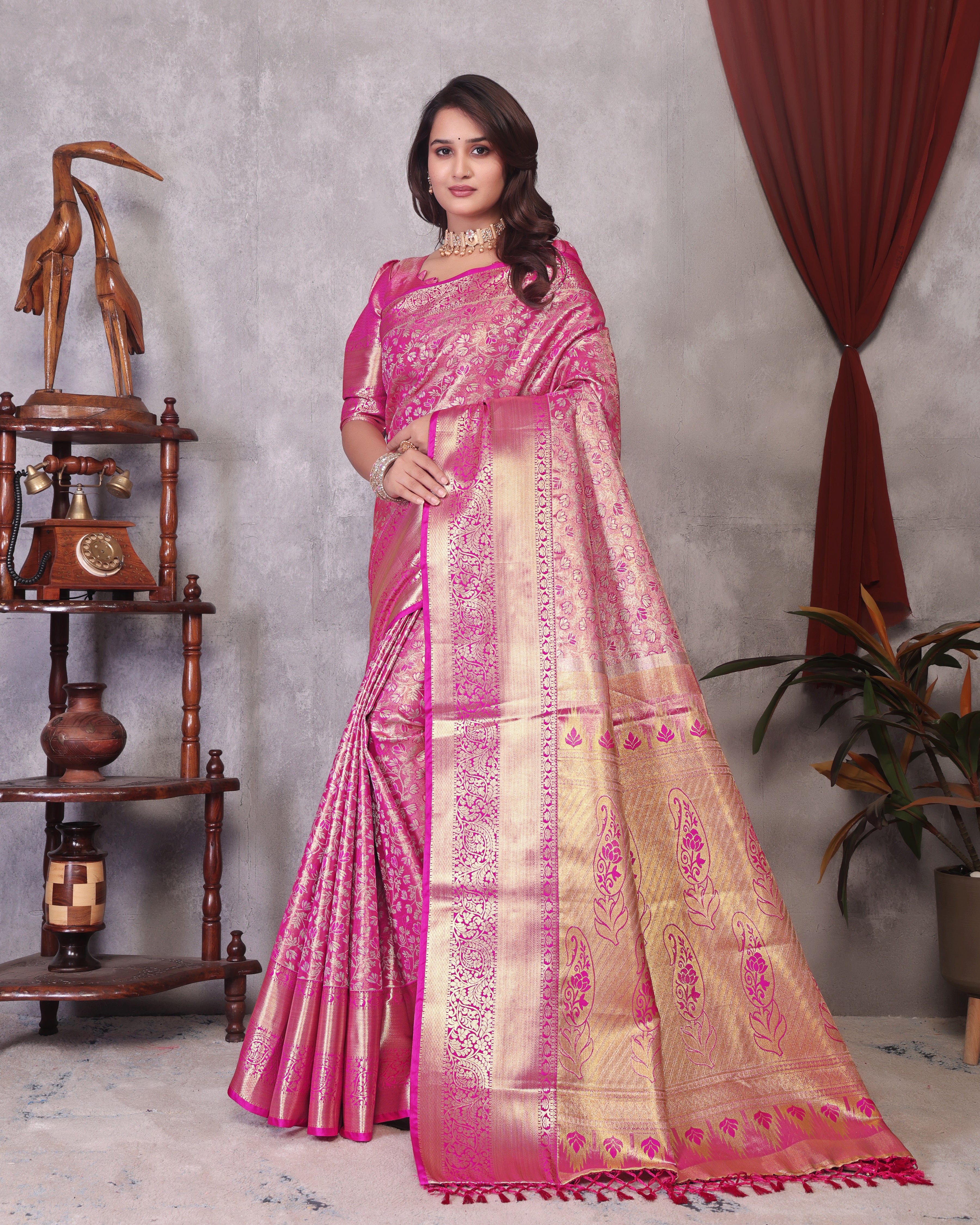 Dharmavaram Three Pink Banarasi Saree