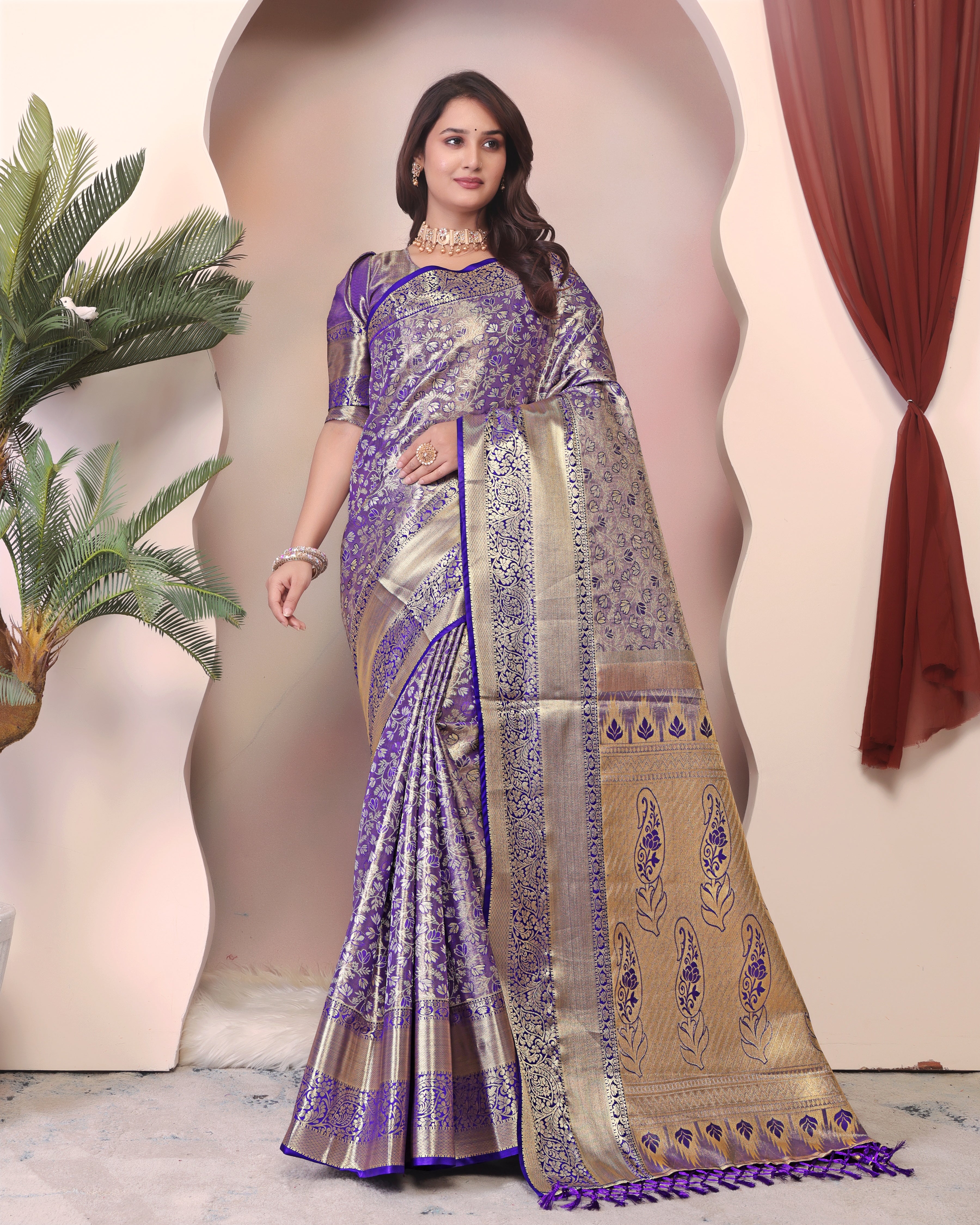 Dharmavaram Three Blue Banarasi Saree