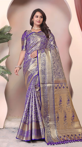 Dharmavaram Three Blue Banarasi Saree