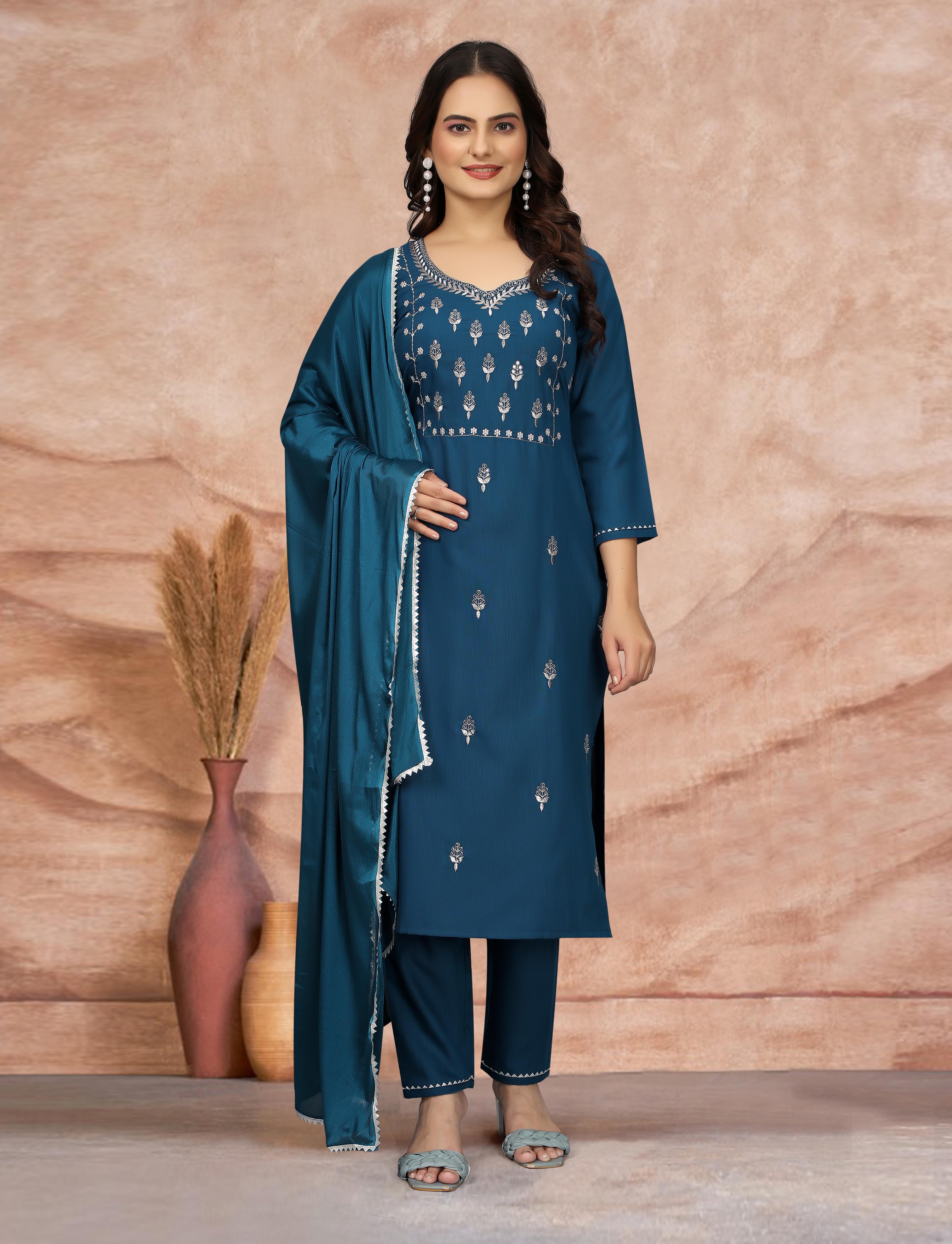 Cotton Blend Indigo Kurta Set with Dupatta