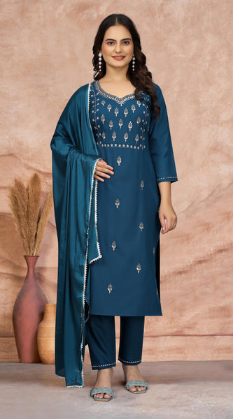 Cotton Blend Indigo Kurta Set with Dupatta