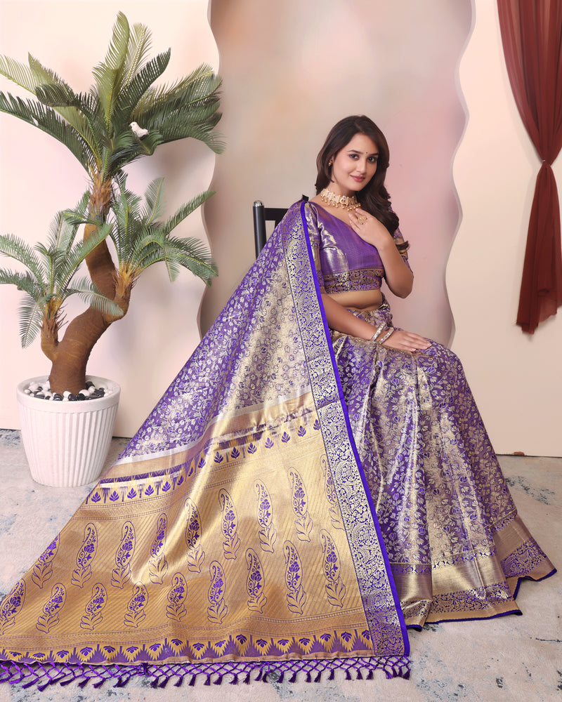Dharmavaram Three Blue Banarasi Saree
