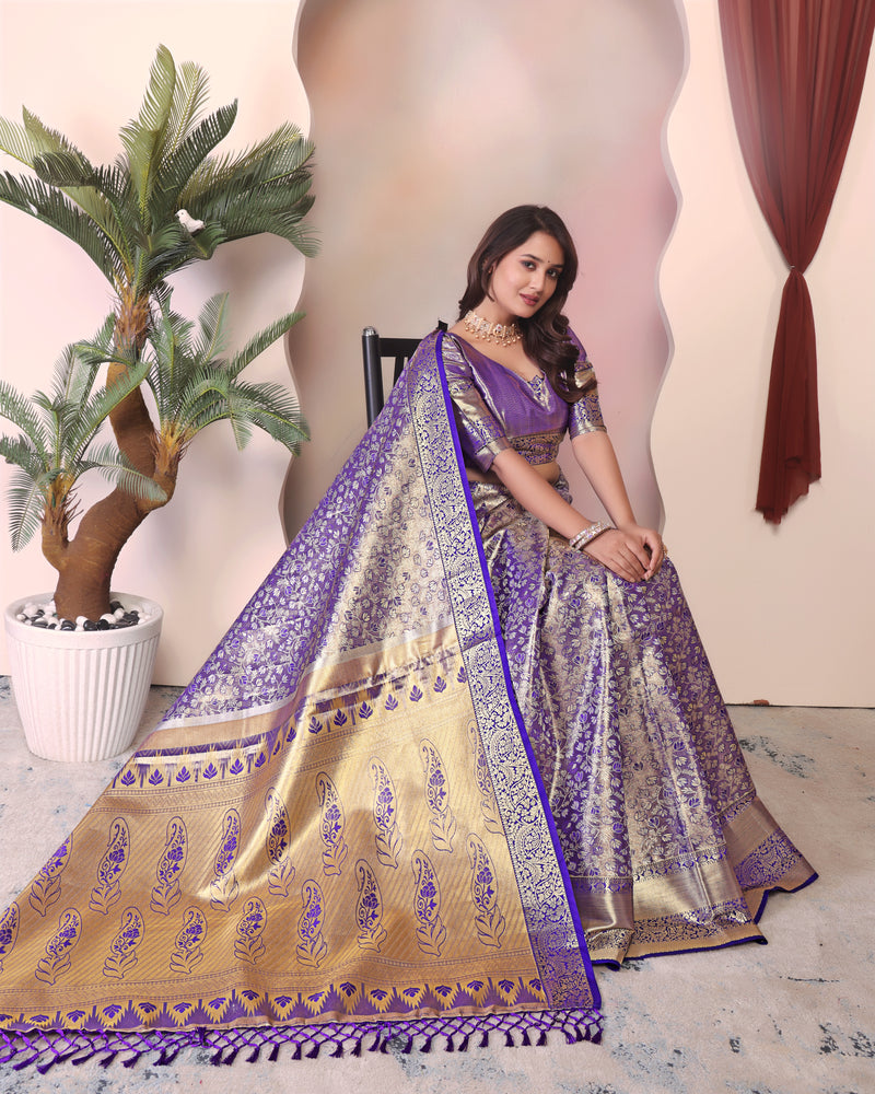Dharmavaram Three Blue Banarasi Saree