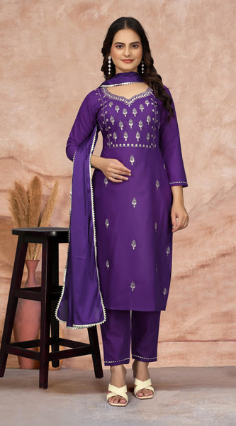 Cotton Blend Purple Kurta Set with Dupatta