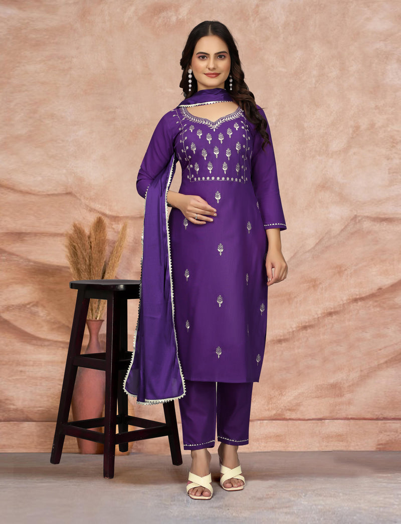 Cotton Blend Purple Kurta Set with Dupatta