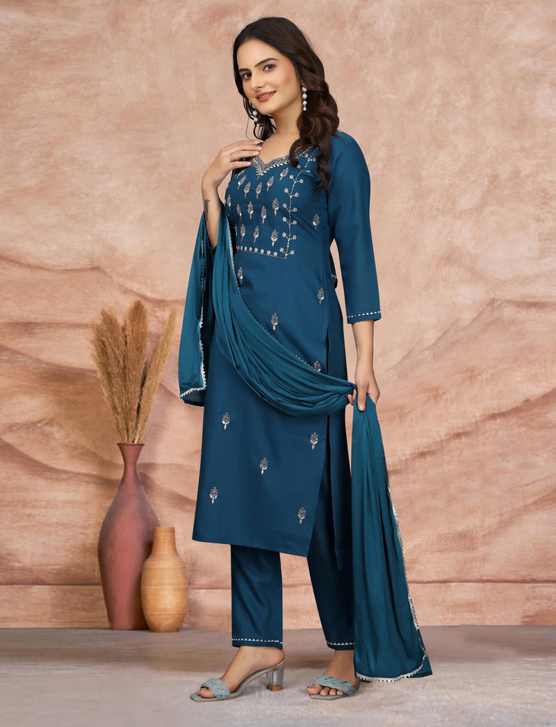 Cotton Blend Indigo Kurta Set with Dupatta