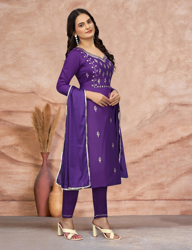 Cotton Blend Purple Kurta Set with Dupatta