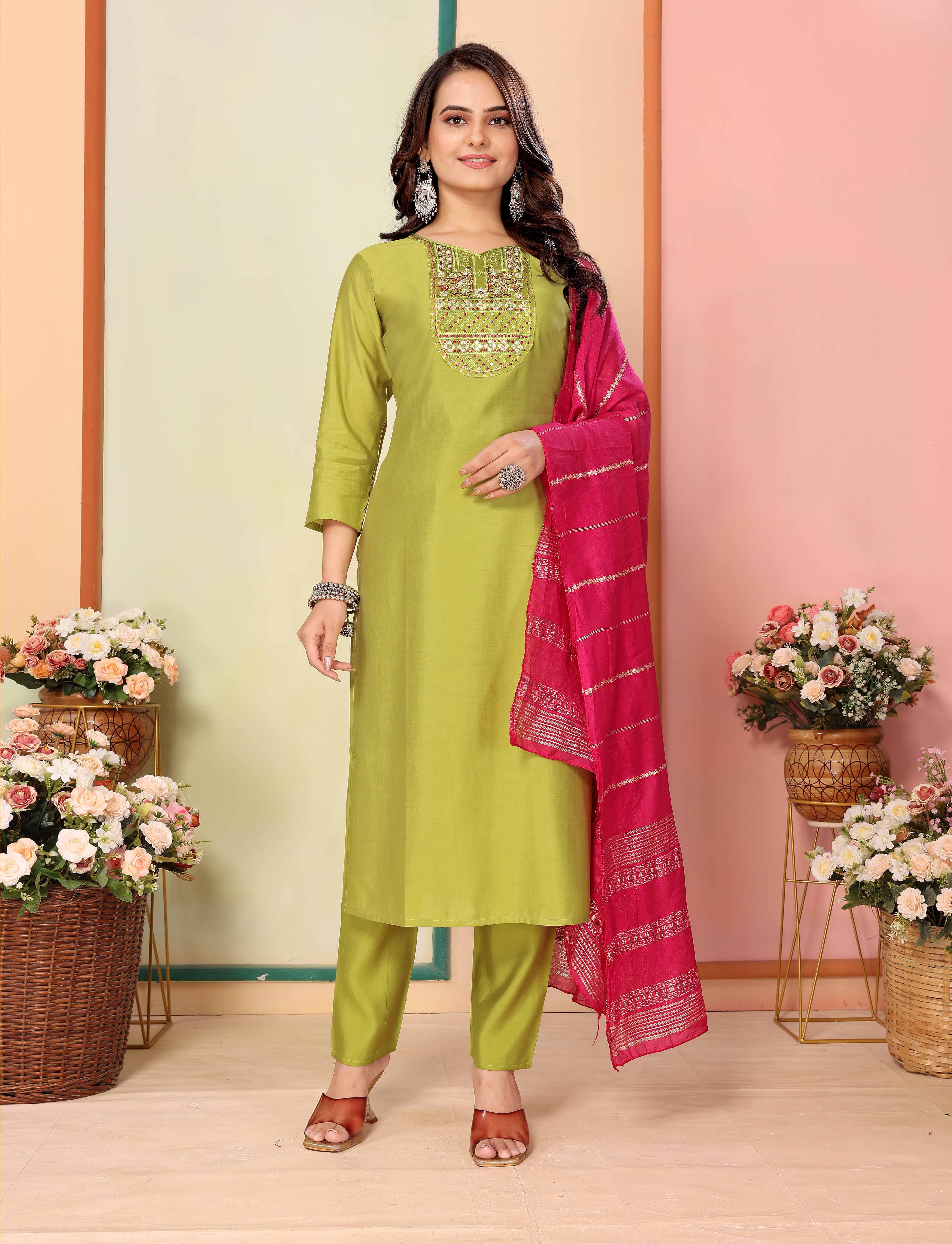 Silk Parrot Kurta Set with Dupatta