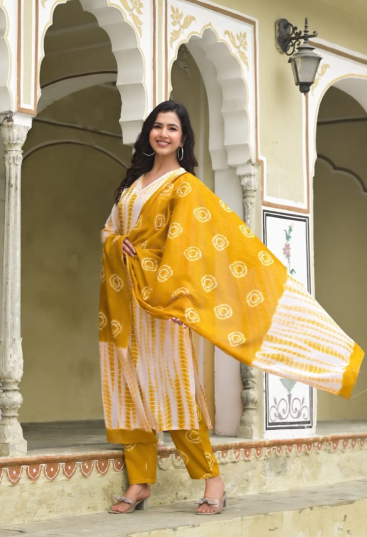 Cotton Yellow Kurta Set with Dupatta