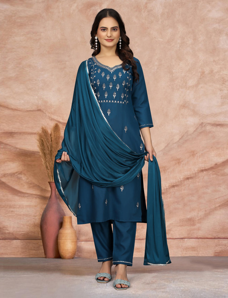 Cotton Blend Indigo Kurta Set with Dupatta