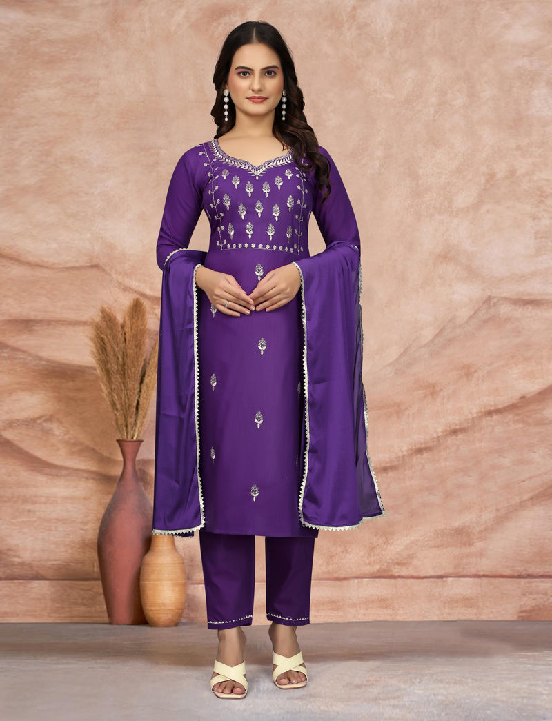 Cotton Blend Purple Kurta Set with Dupatta