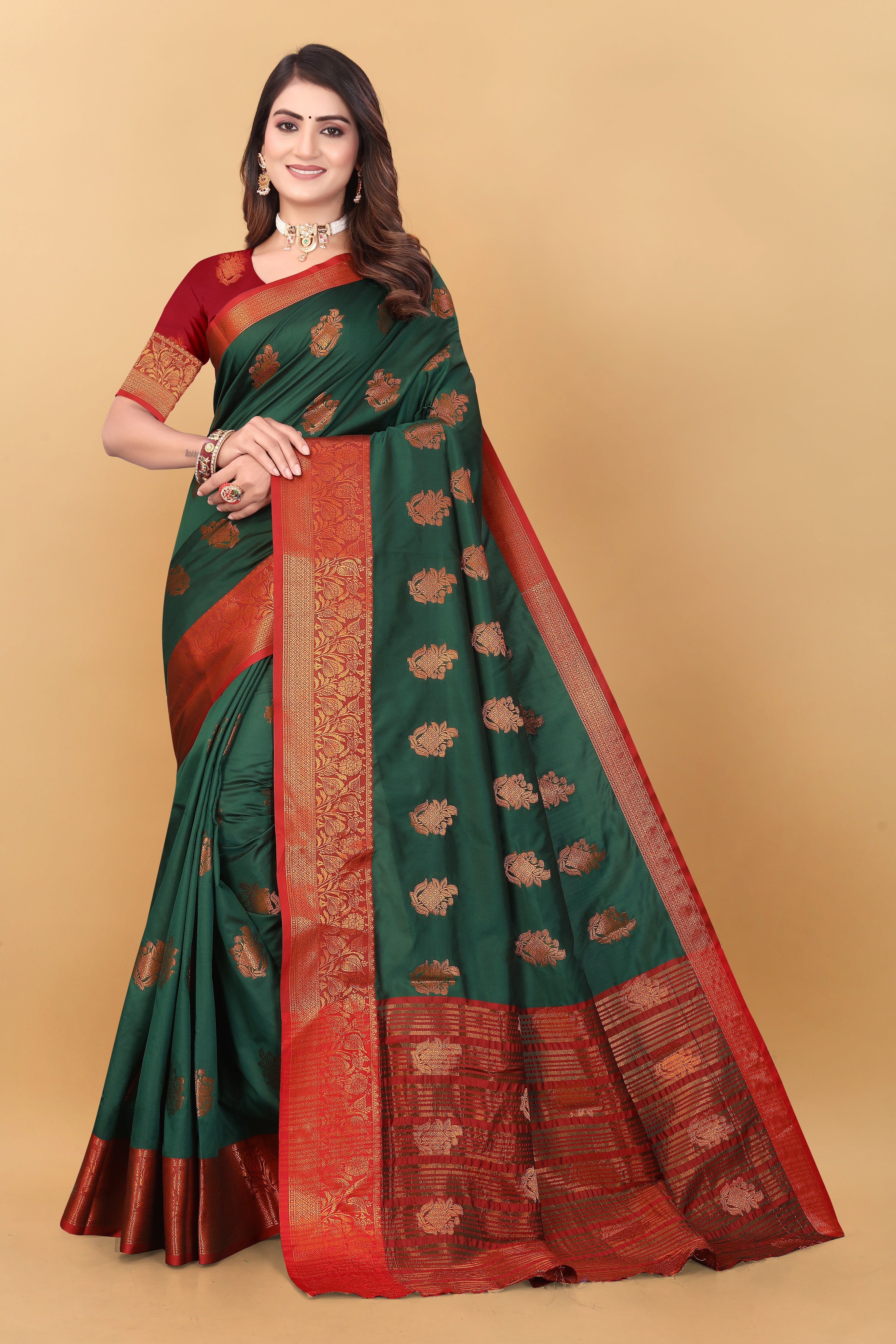 Lichi Copper Six Dark Green Banarasi Saree