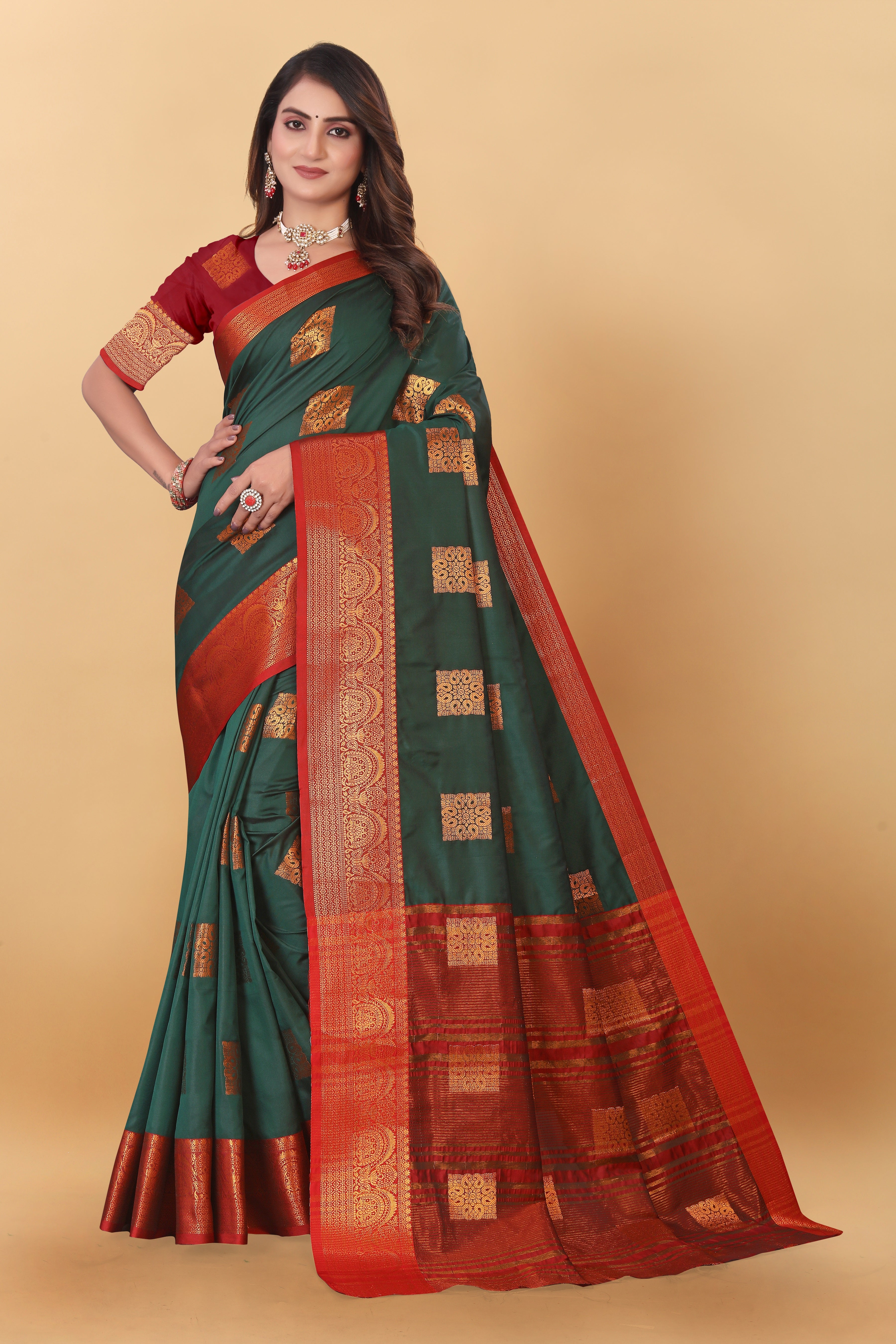 Lichi Copper Three Dark Green Banarasi Saree