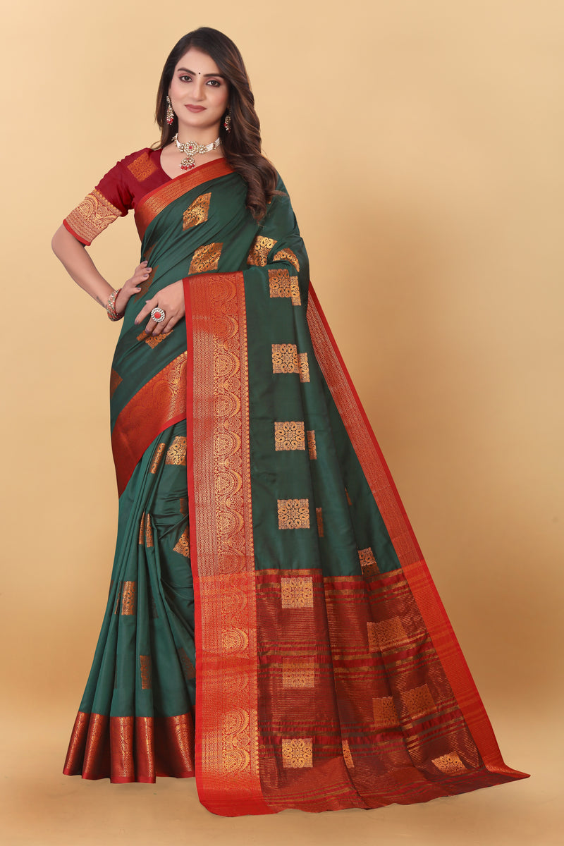 Lichi Copper Three Dark Green Banarasi Saree