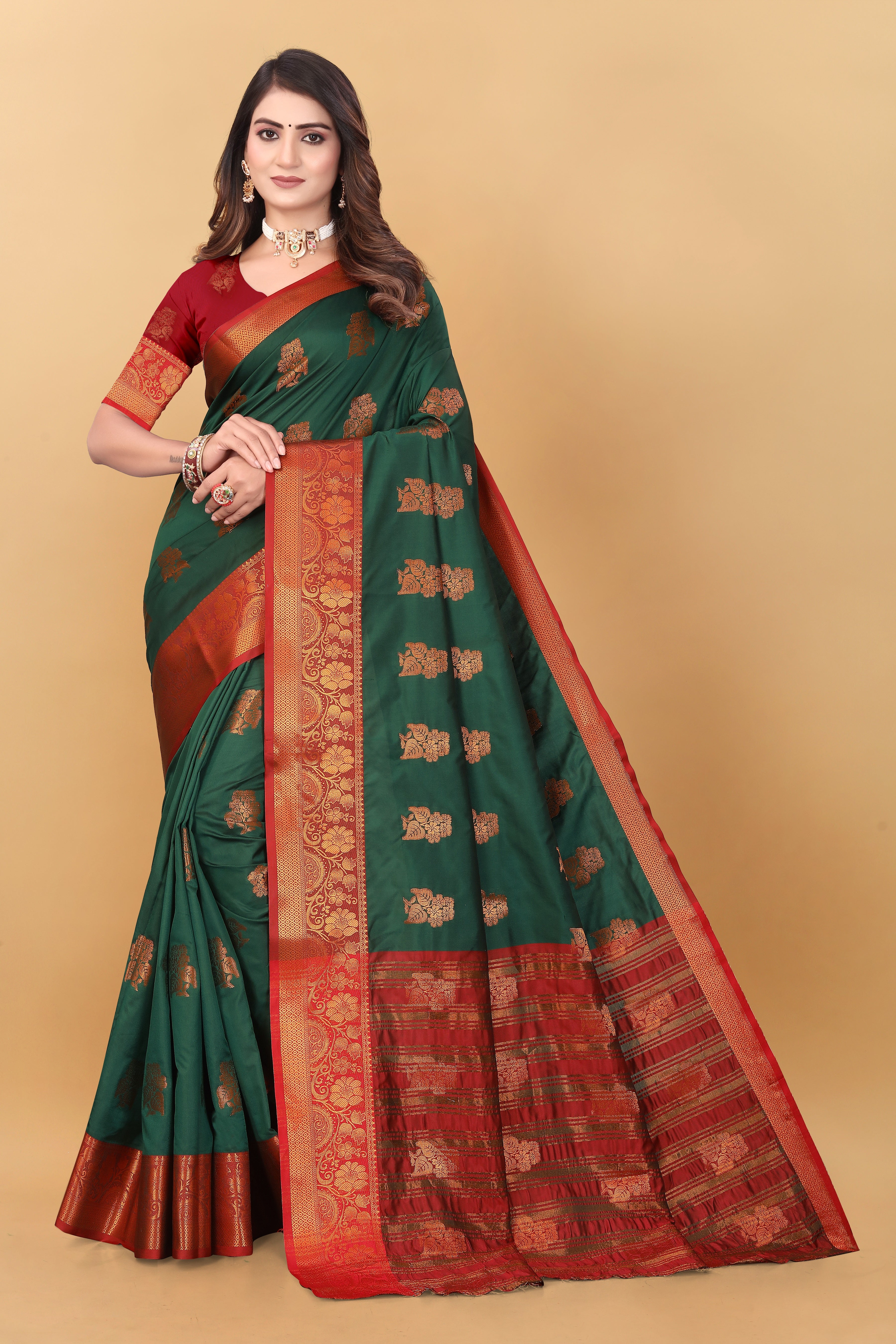 Lichi Copper Seven Dark Green Banarasi Saree