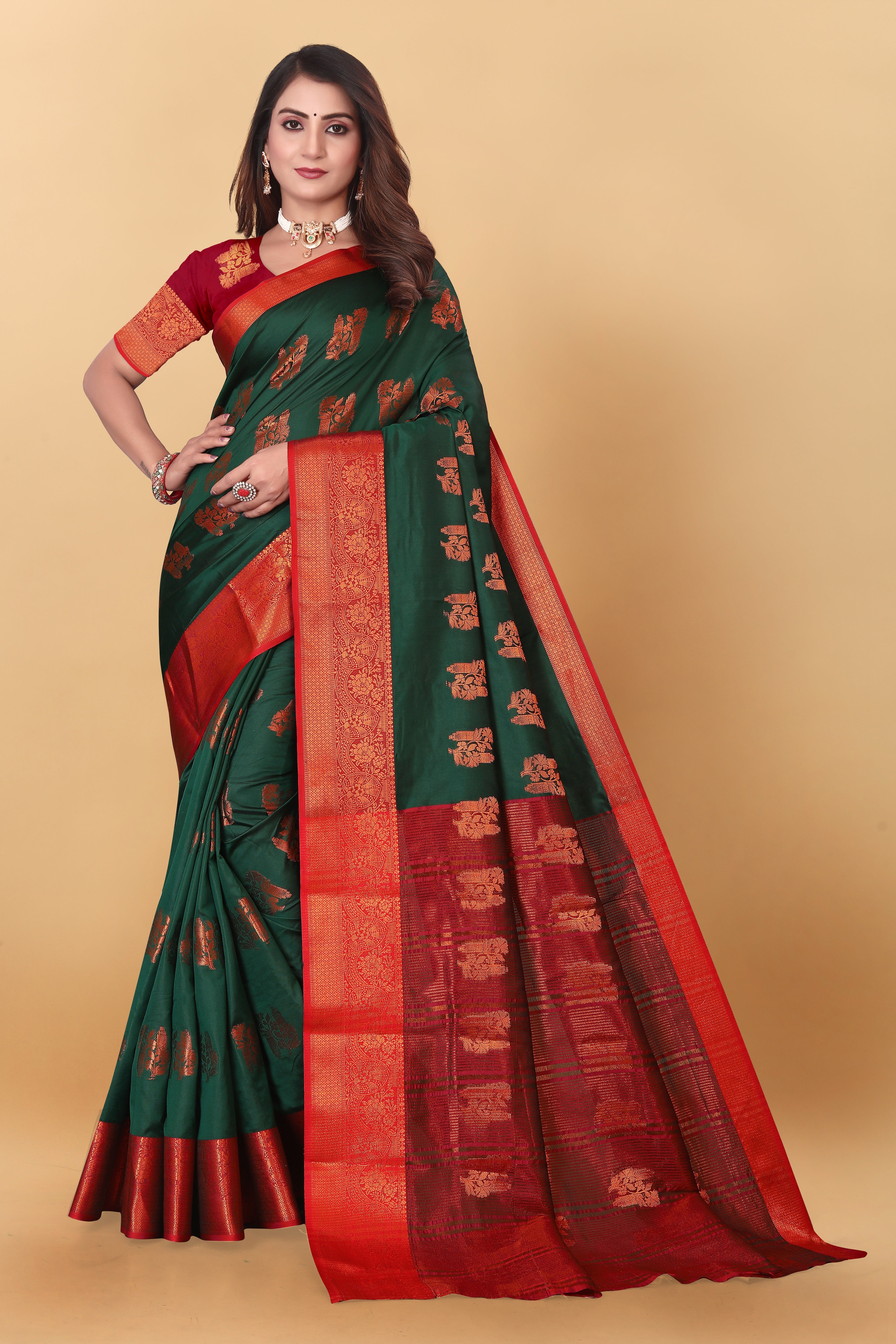 Lichi Copper Four Dark Green Banarasi Saree