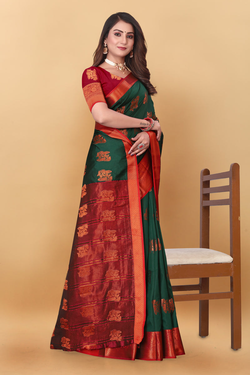 Lichi Copper Four Dark Green Banarasi Saree