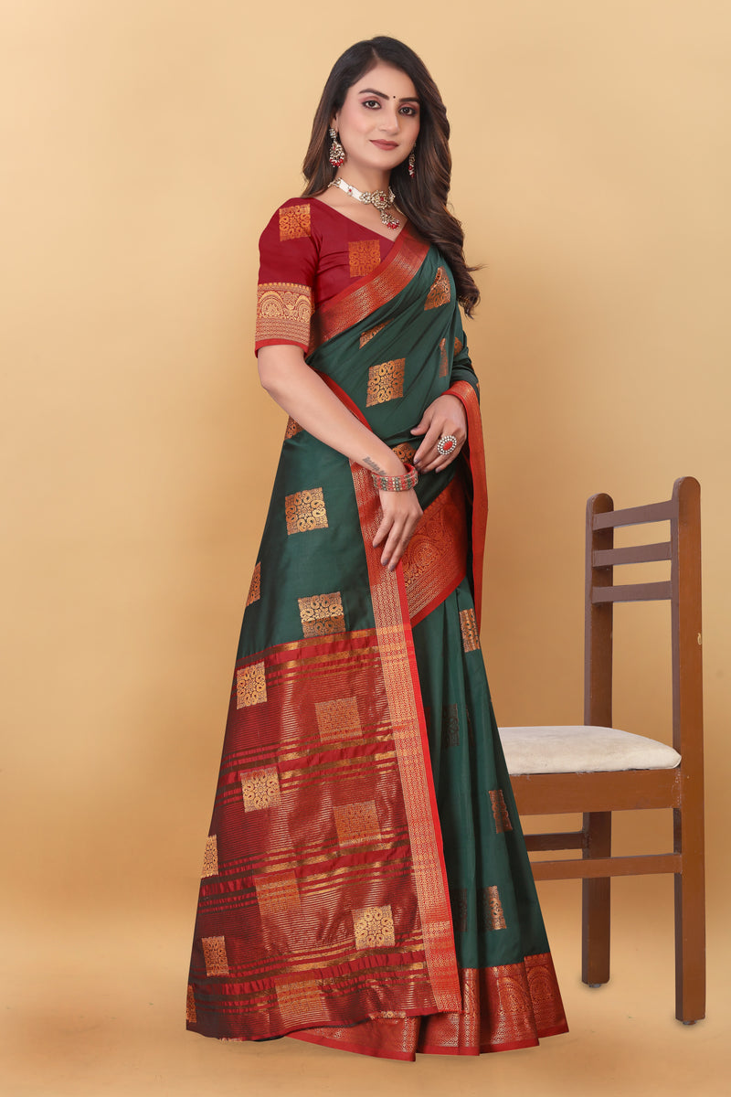 Lichi Copper Three Dark Green Banarasi Saree