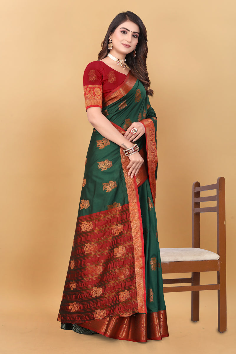 Lichi Copper Seven Dark Green Banarasi Saree