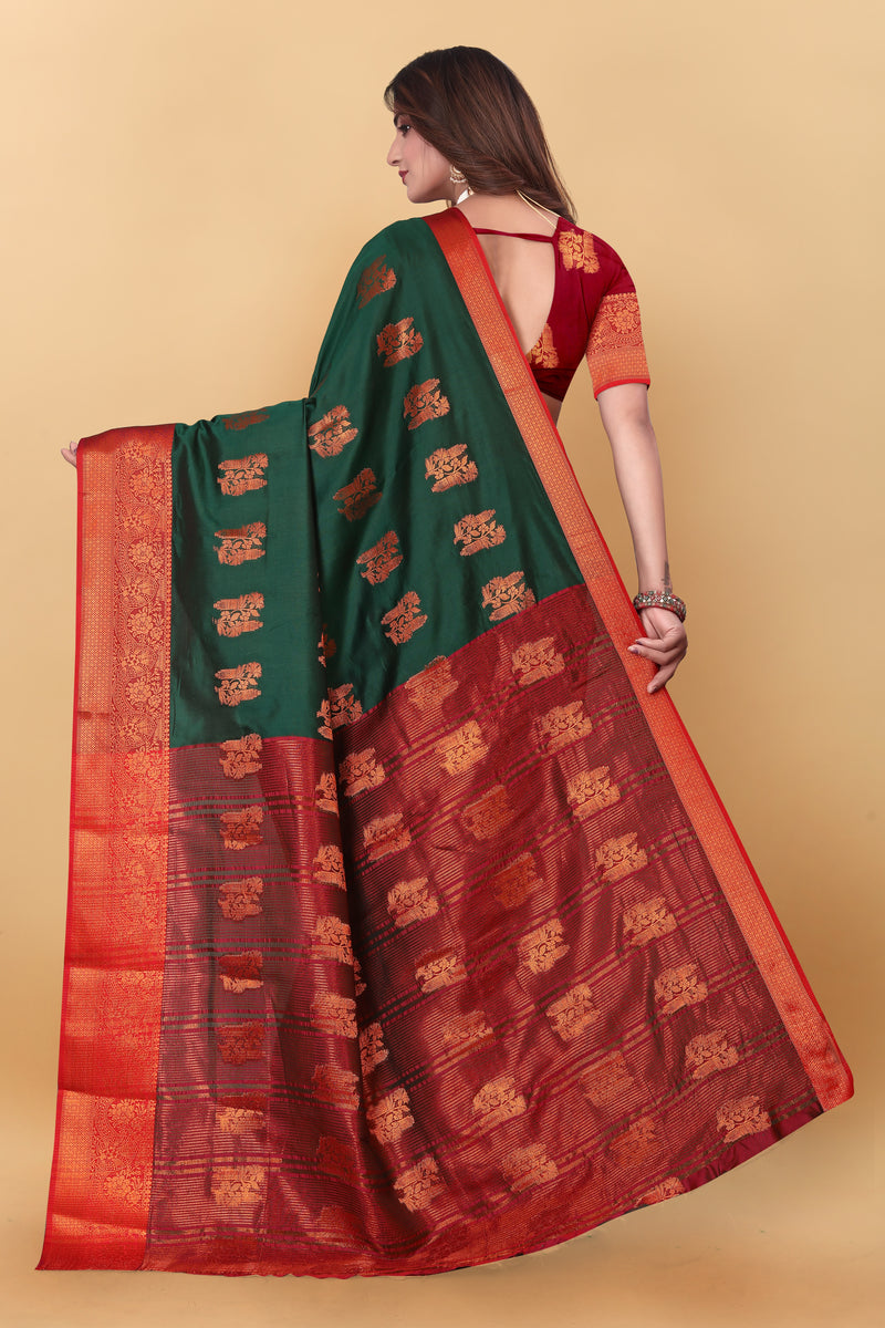 Lichi Copper Four Dark Green Banarasi Saree