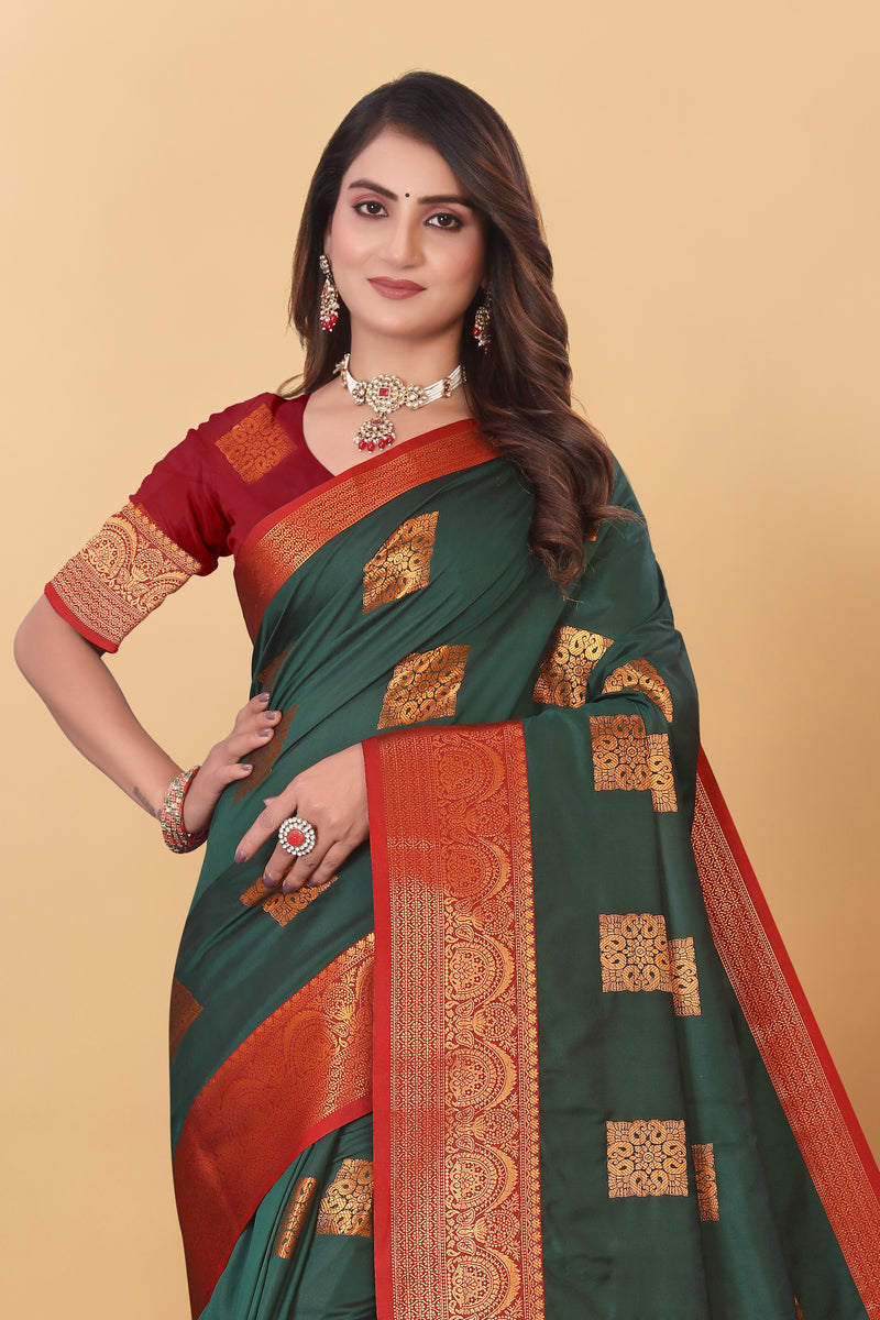 Lichi Copper Three Dark Green Banarasi Saree