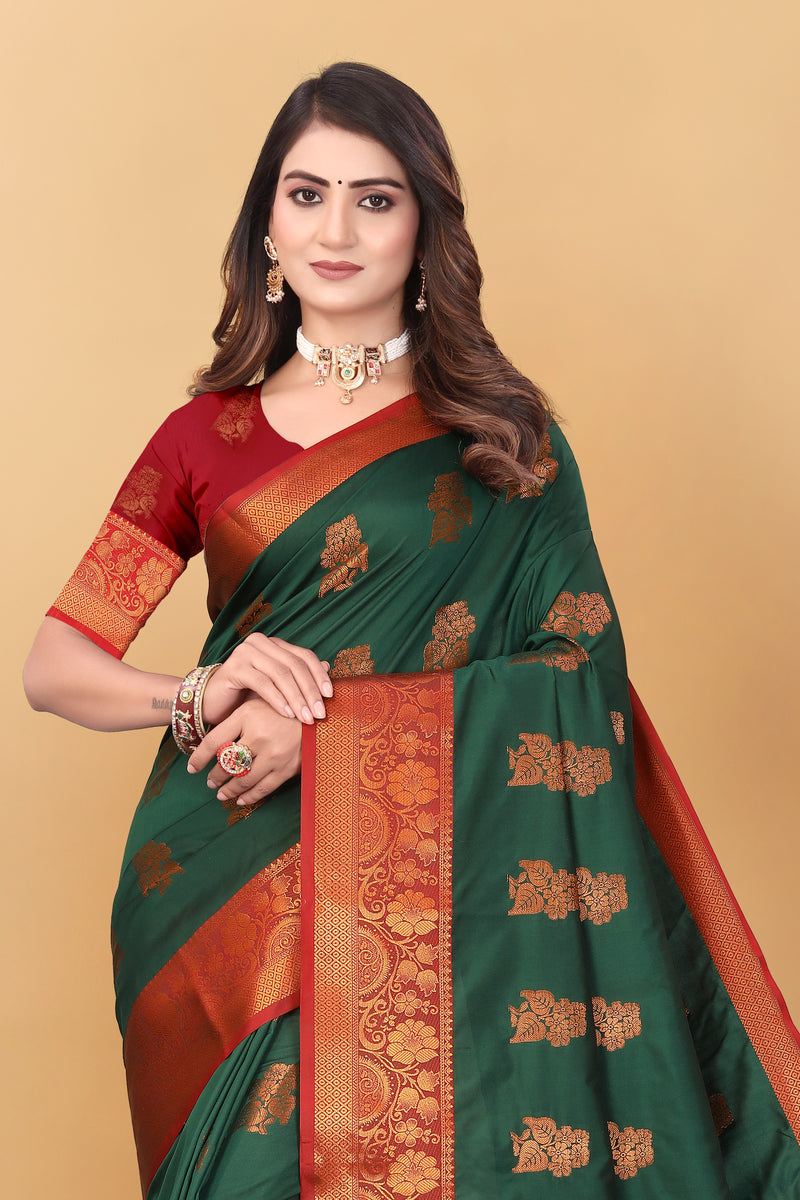 Lichi Copper Seven Dark Green Banarasi Saree