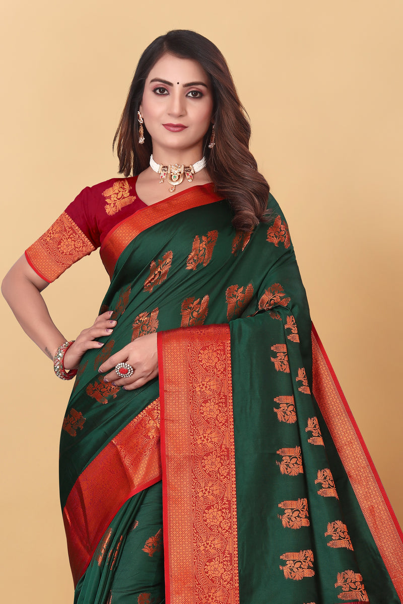 Lichi Copper Four Dark Green Banarasi Saree