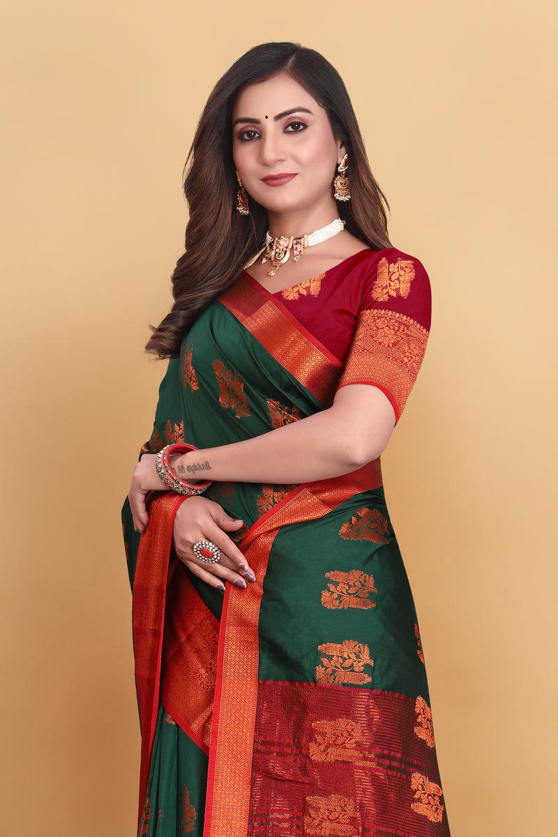Lichi Copper Four Dark Green Banarasi Saree