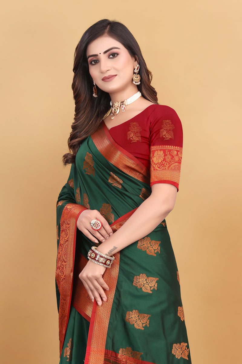 Lichi Copper Seven Dark Green Banarasi Saree