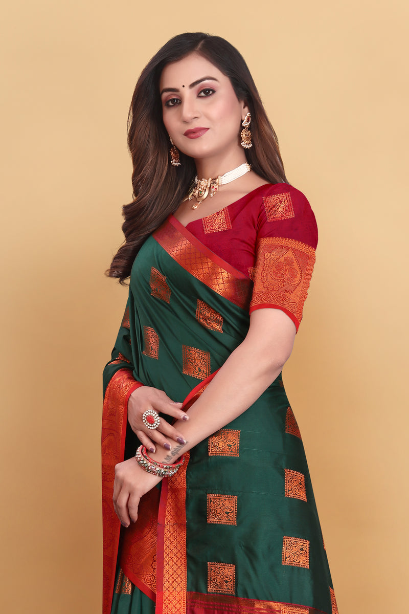 Lichi Copper Five Dark Green Banarasi Saree