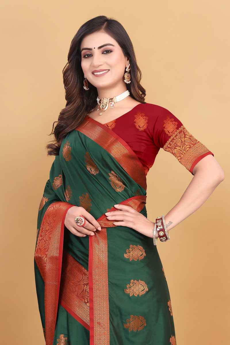 Lichi Copper Six Dark Green Banarasi Saree