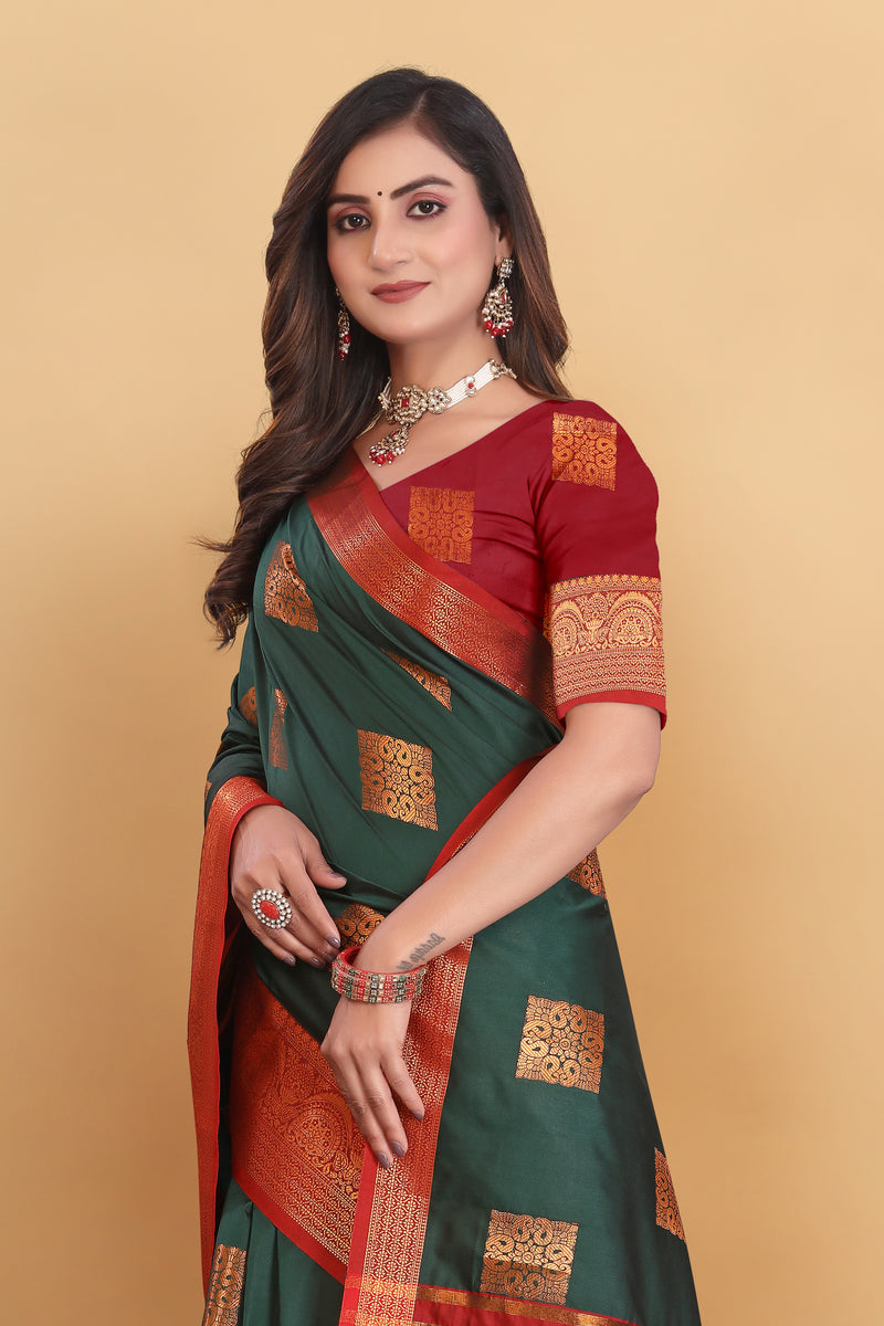 Lichi Copper Three Dark Green Banarasi Saree