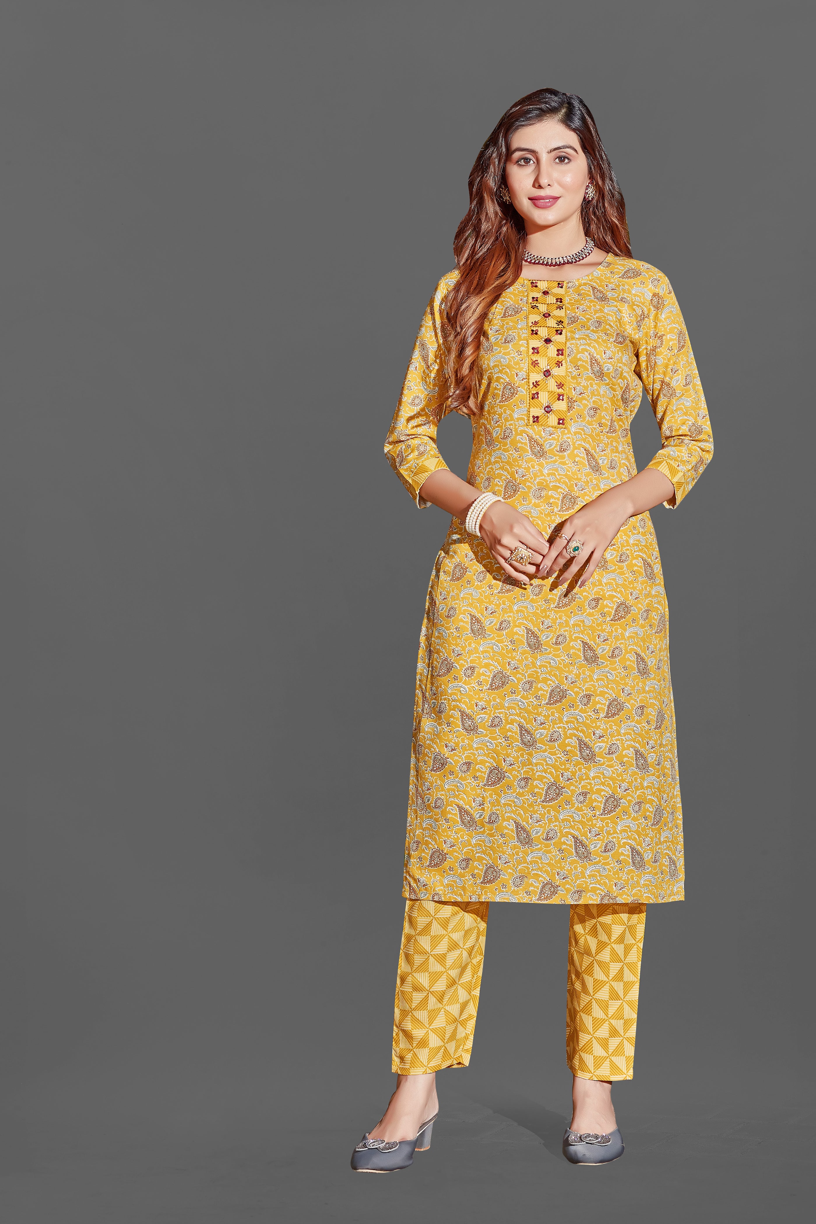 Cotton Blend Mustard Kurta Set