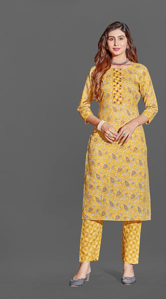 Cotton Blend Mustard Kurta Set