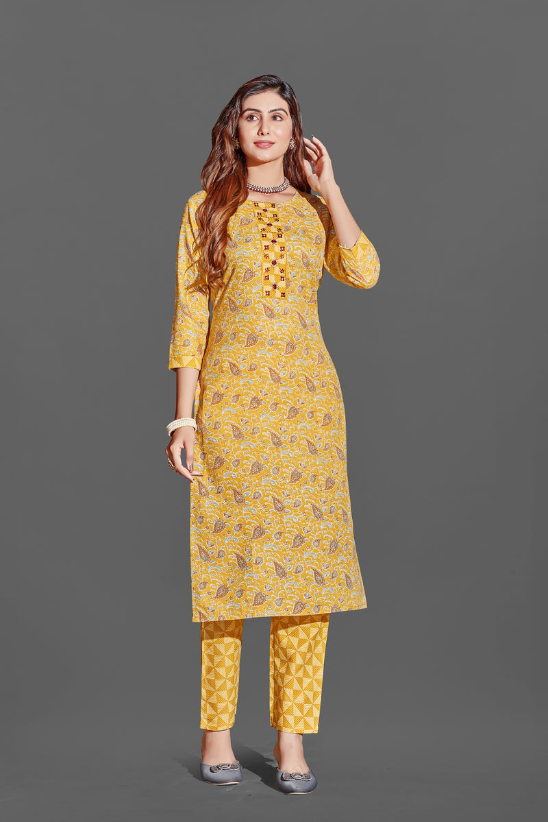 Cotton Blend Mustard Kurta Set