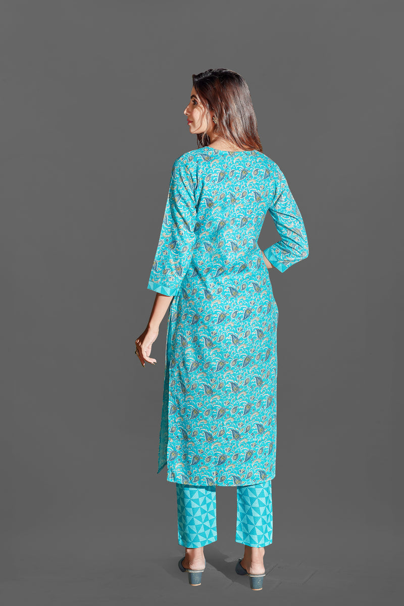 Cotton Blend Ferozi Kurta Set