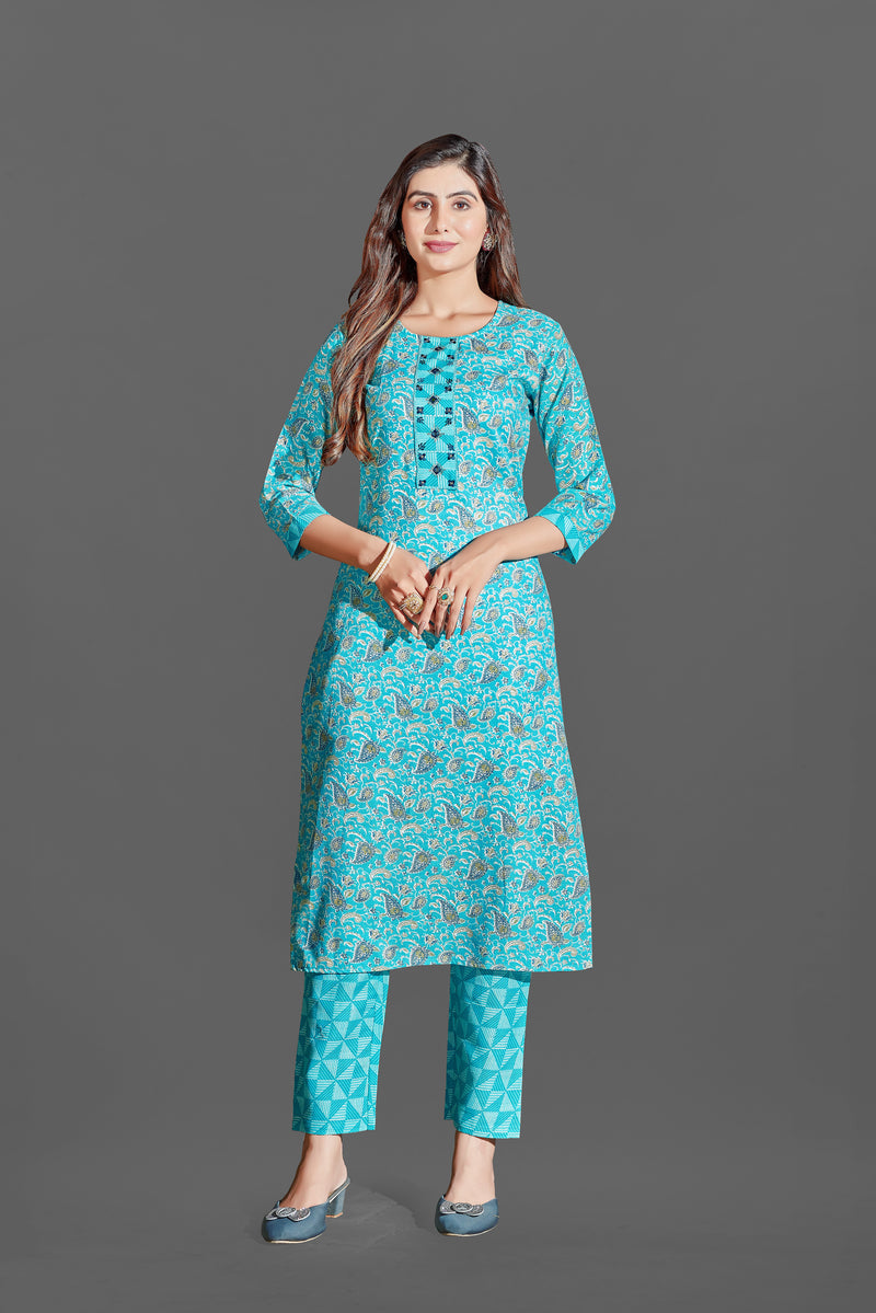Cotton Blend Ferozi Kurta Set