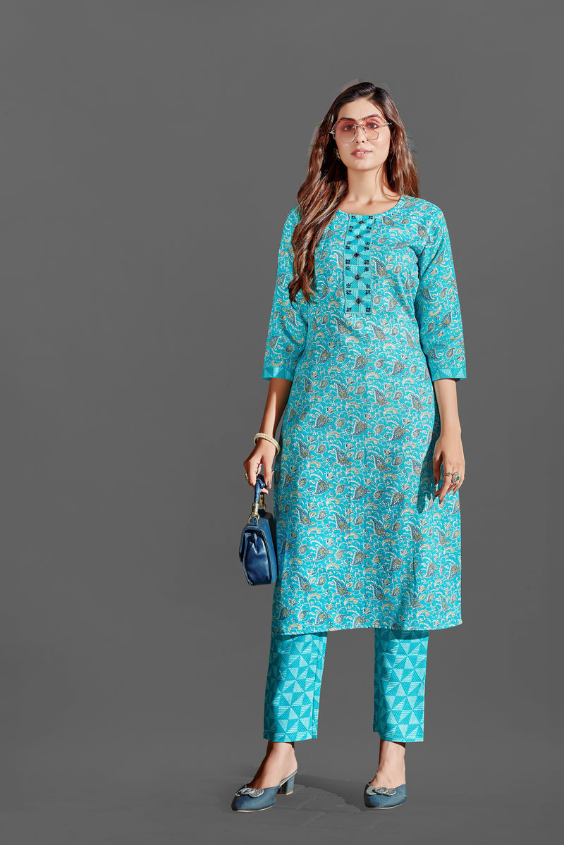 Cotton Blend Ferozi Kurta Set