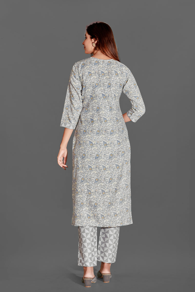 Cotton Blend Grey Kurta Set