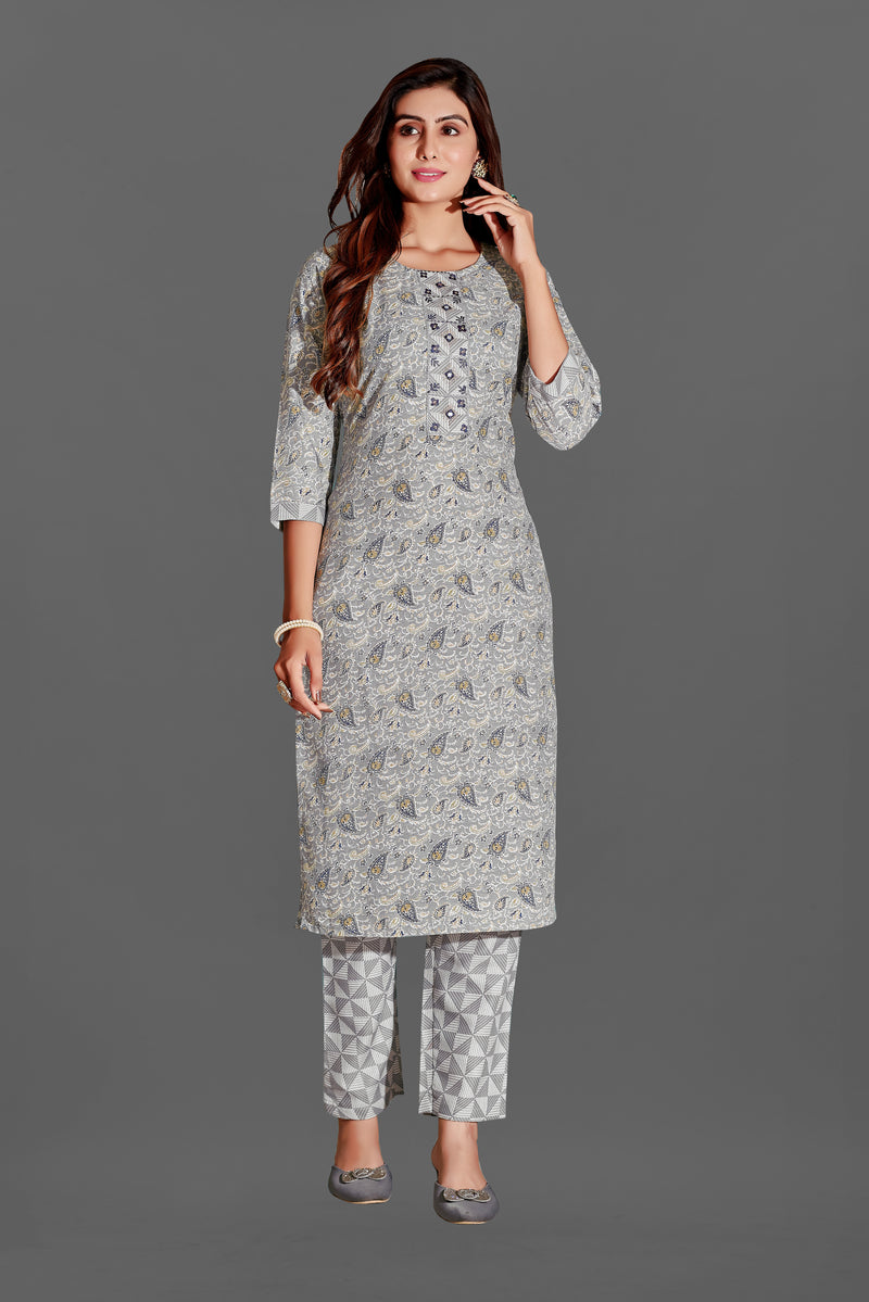 Cotton Blend Grey Kurta Set