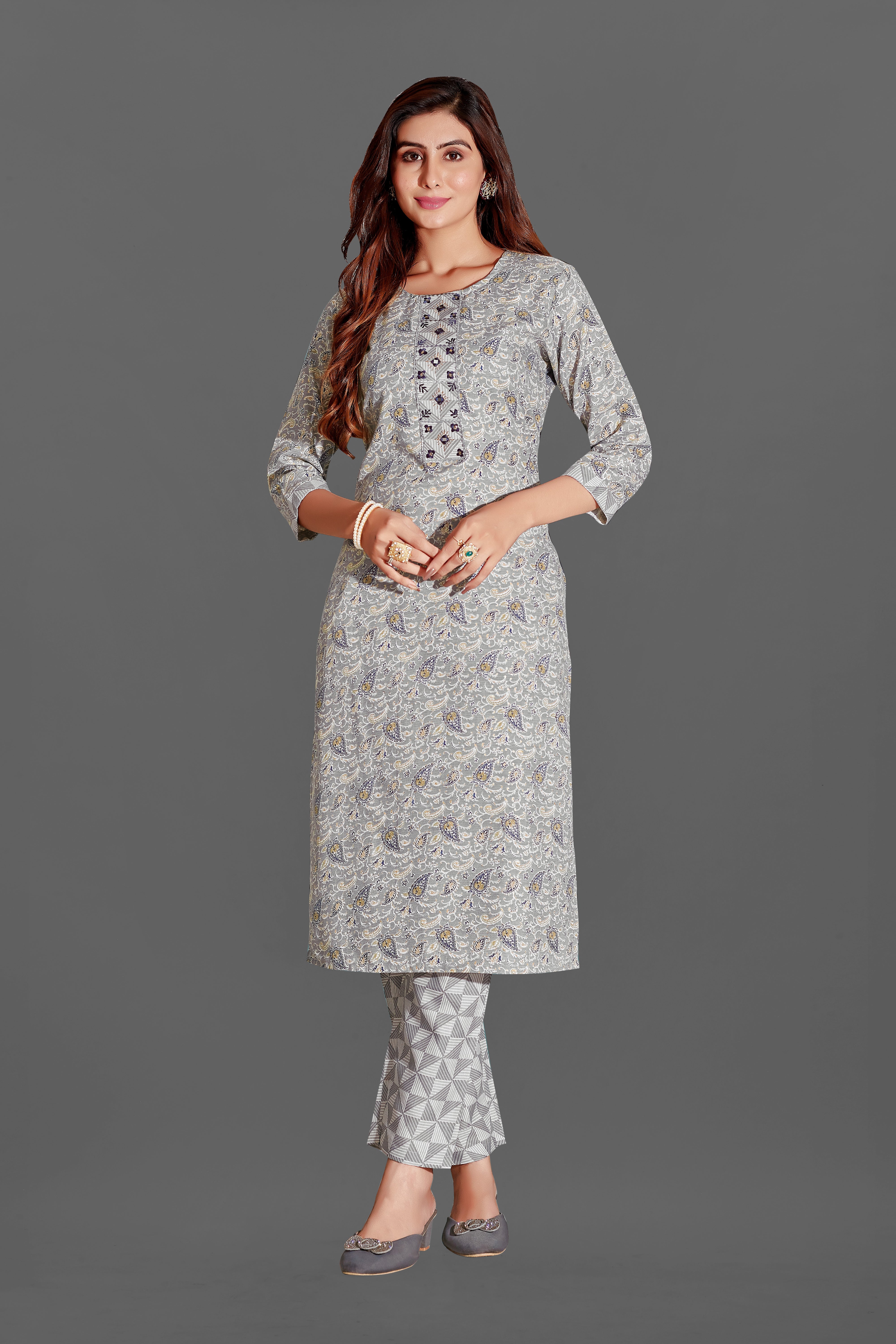 Cotton Blend Grey Kurta Set