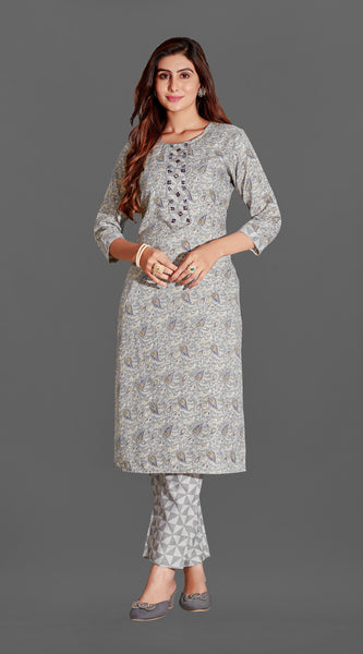 Cotton Blend Grey Kurta Set