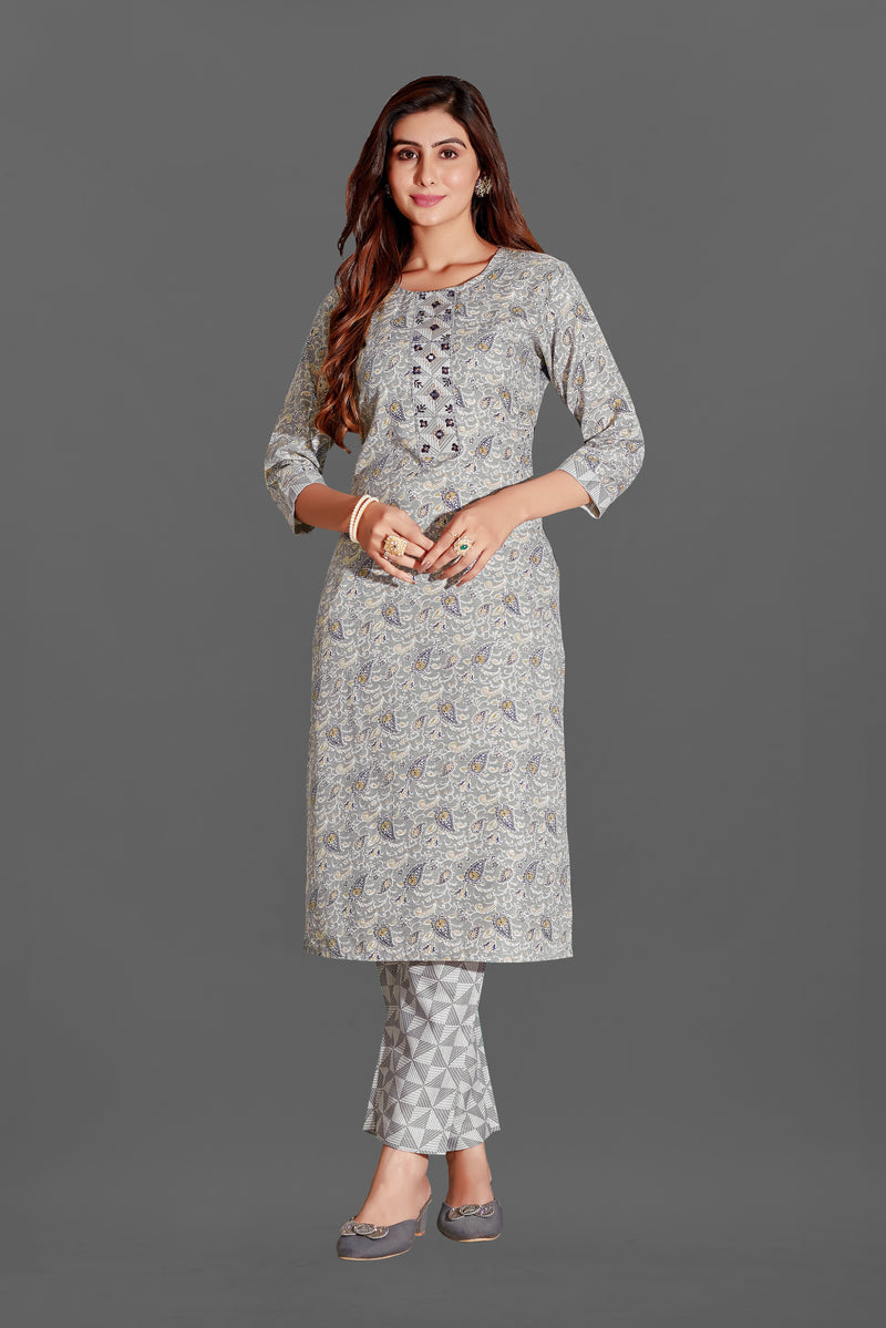 Cotton Blend Grey Kurta Set