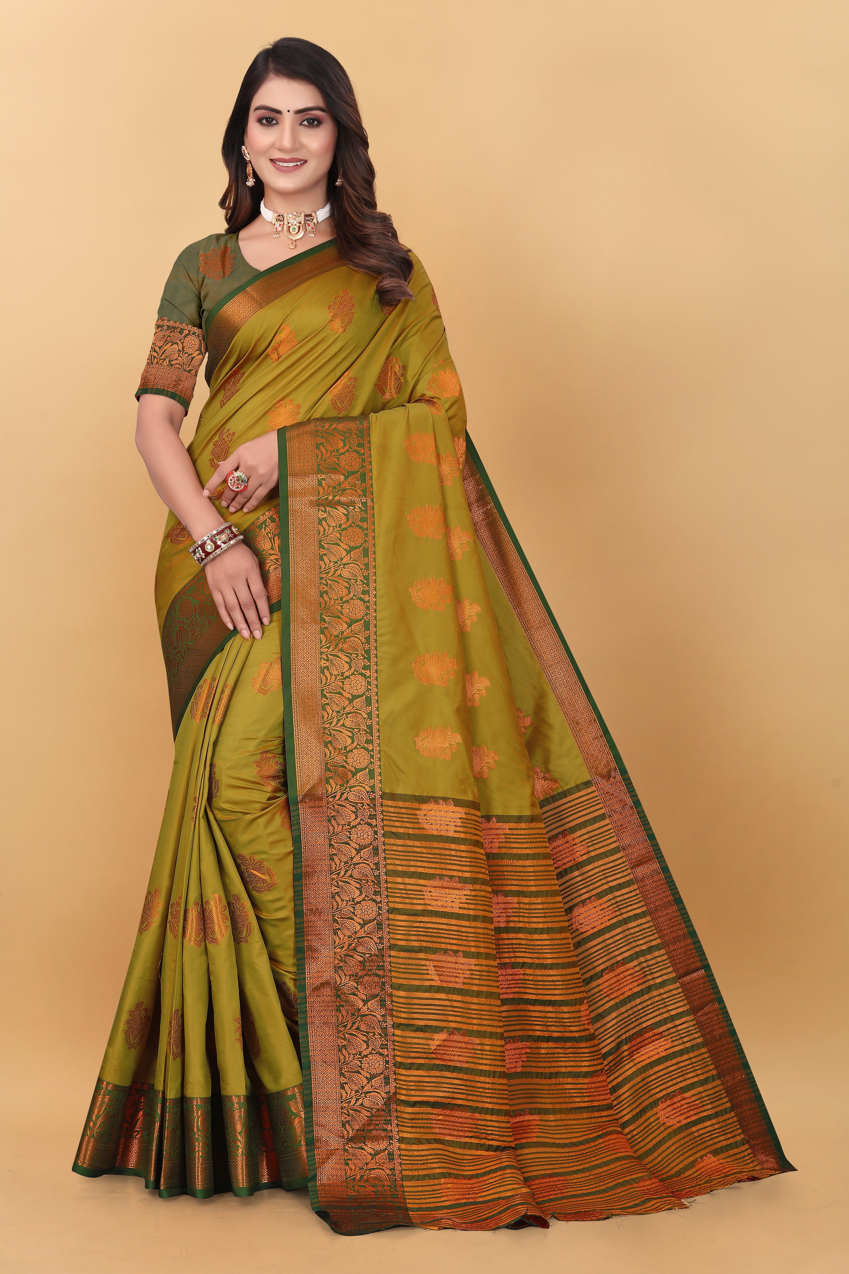 Lichi Copper Six Mehendi Banarasi Saree
