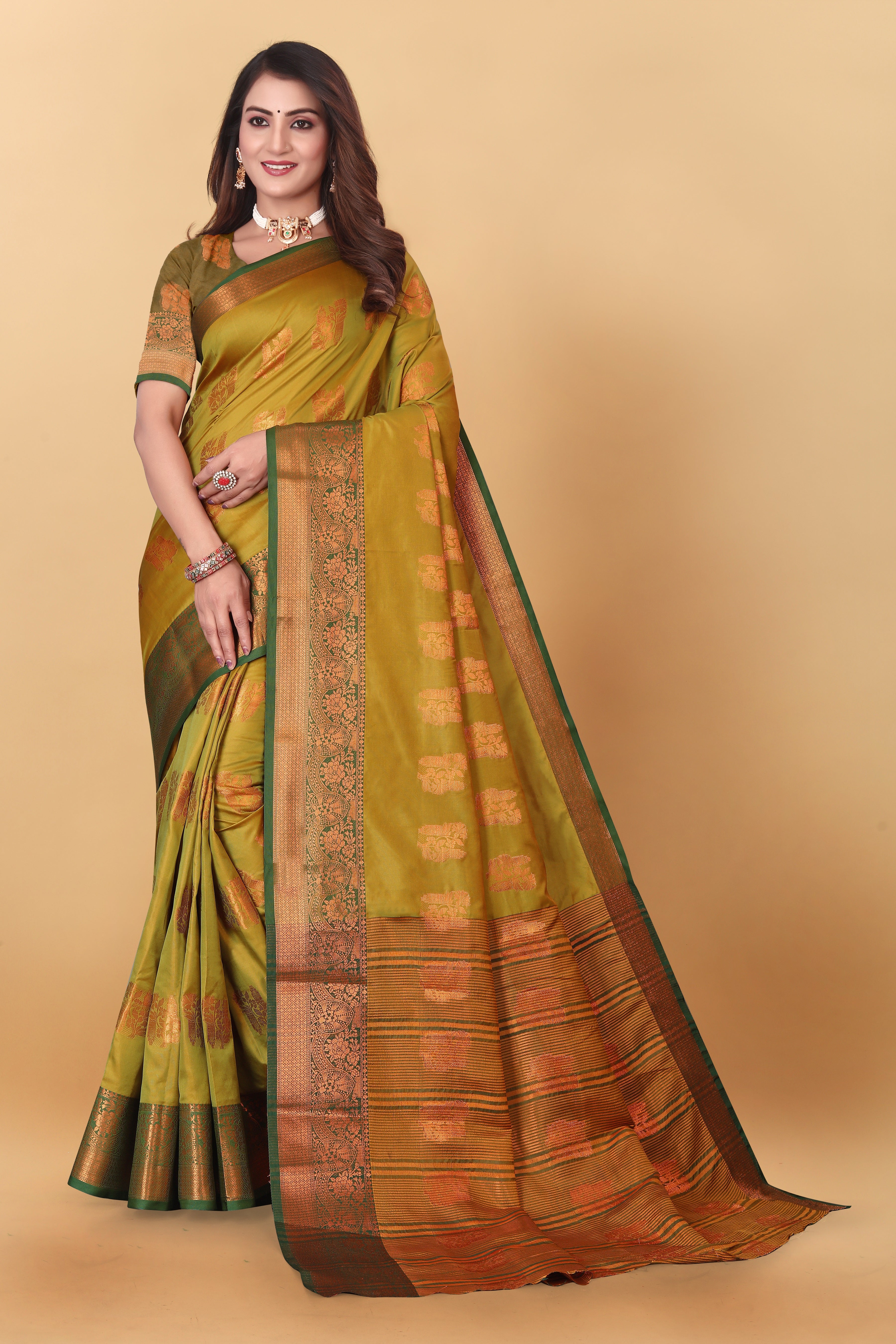 Lichi Copper Four Mehendi Banarasi Saree