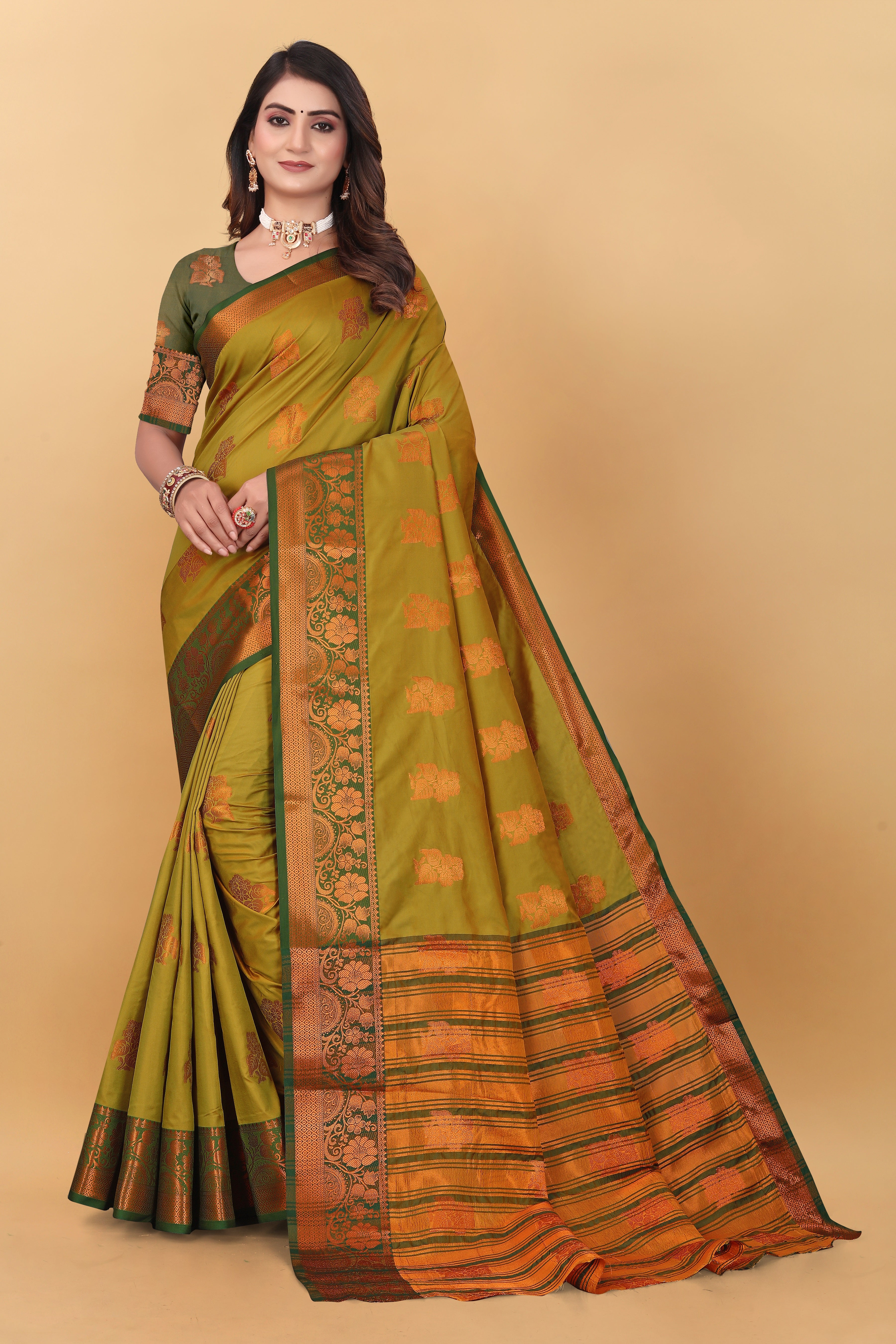 Lichi Copper Seven Mehendi Banarasi Saree