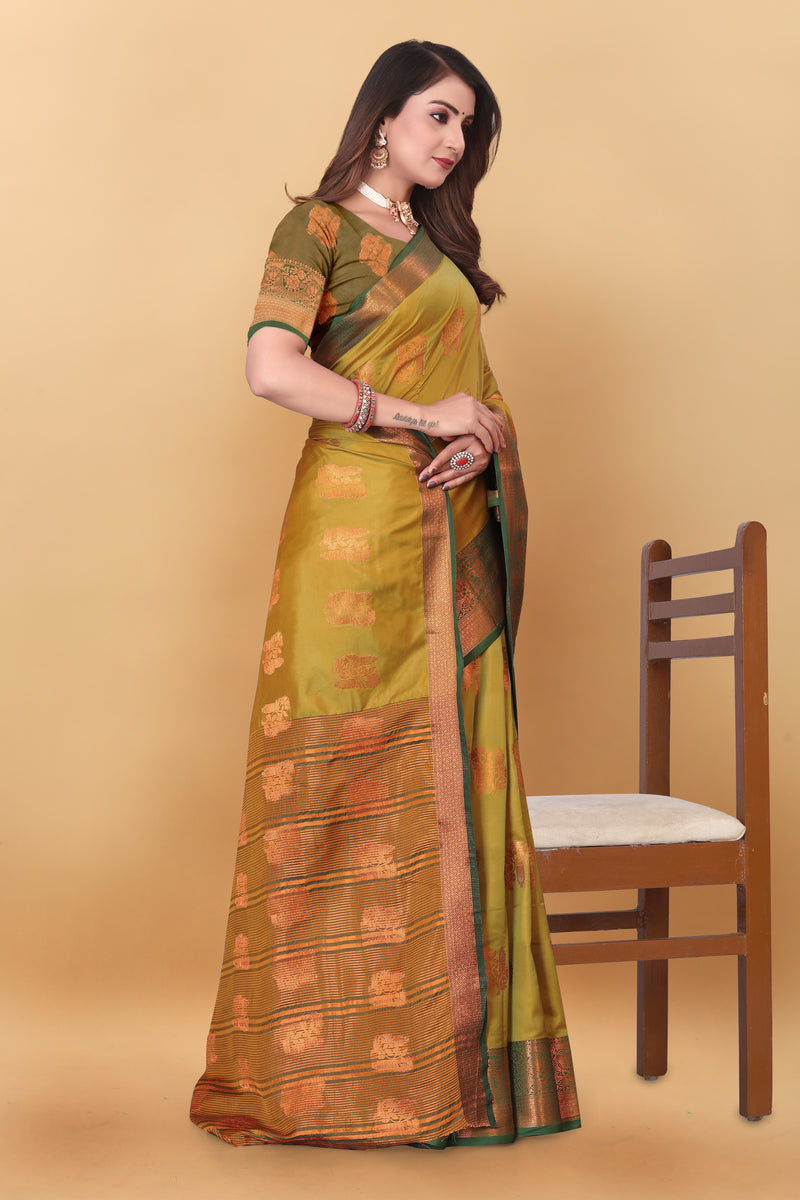 Lichi Copper Four Mehendi Banarasi Saree