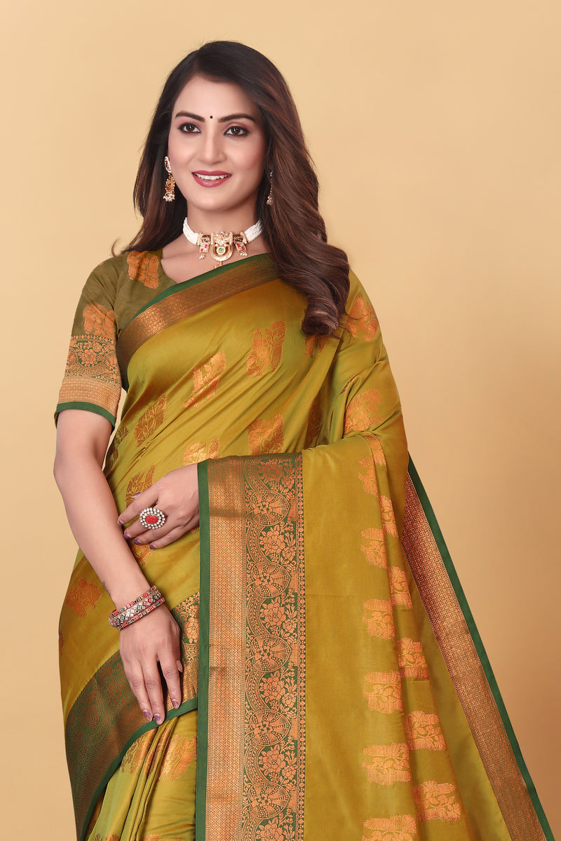 Lichi Copper Four Mehendi Banarasi Saree