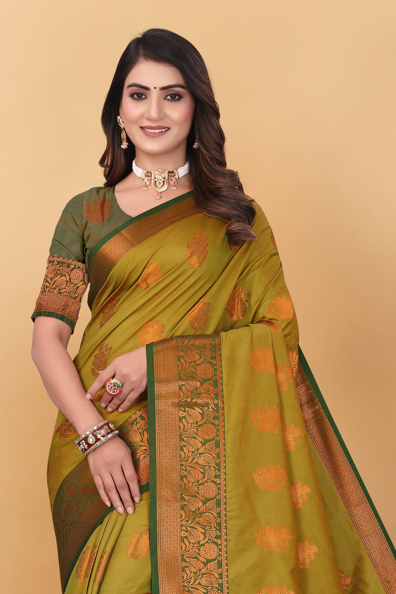 Lichi Copper Six Mehendi Banarasi Saree